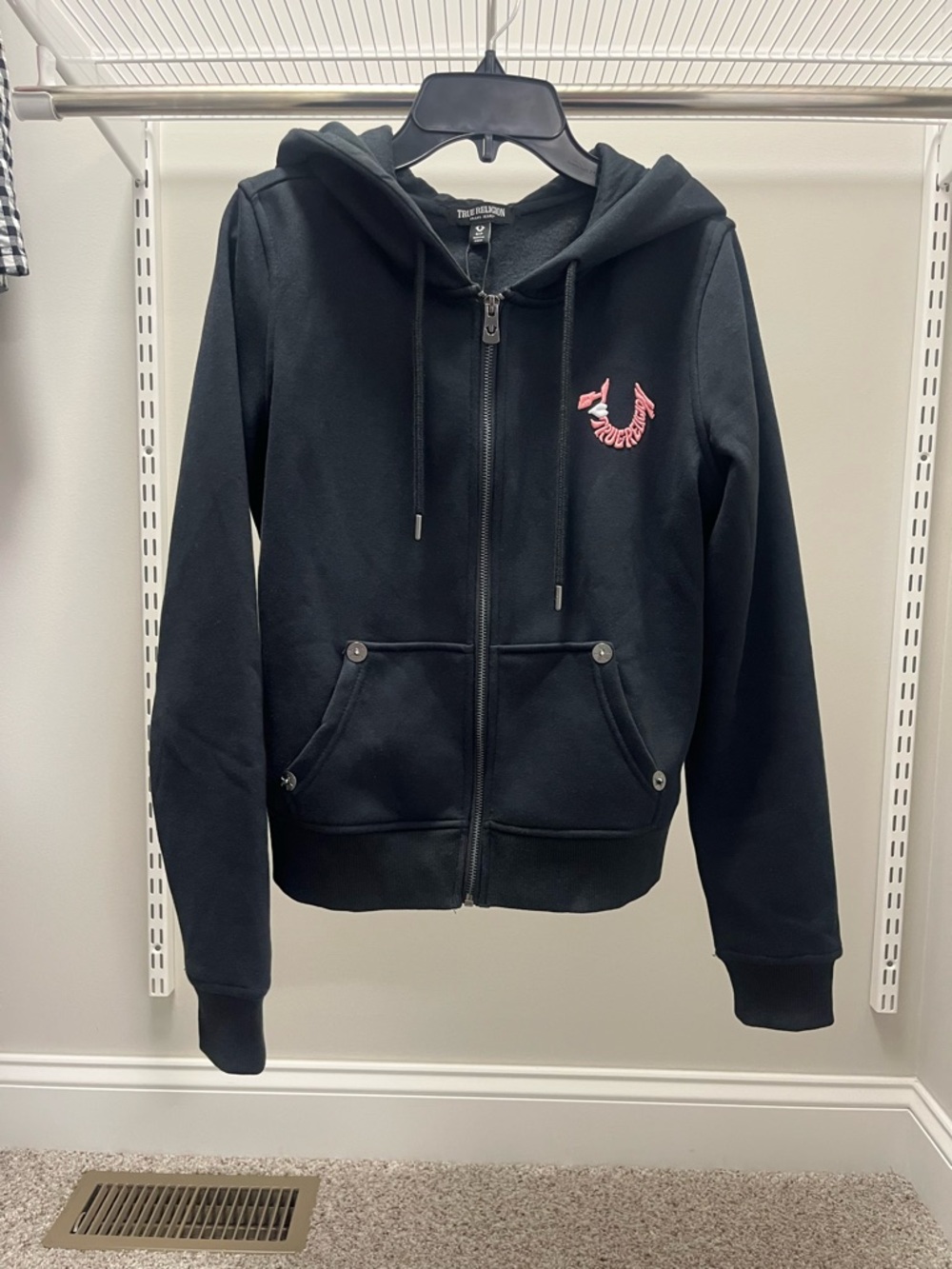True Religion Black Zip Hoodie with Crystallized Heart and Front Pockets